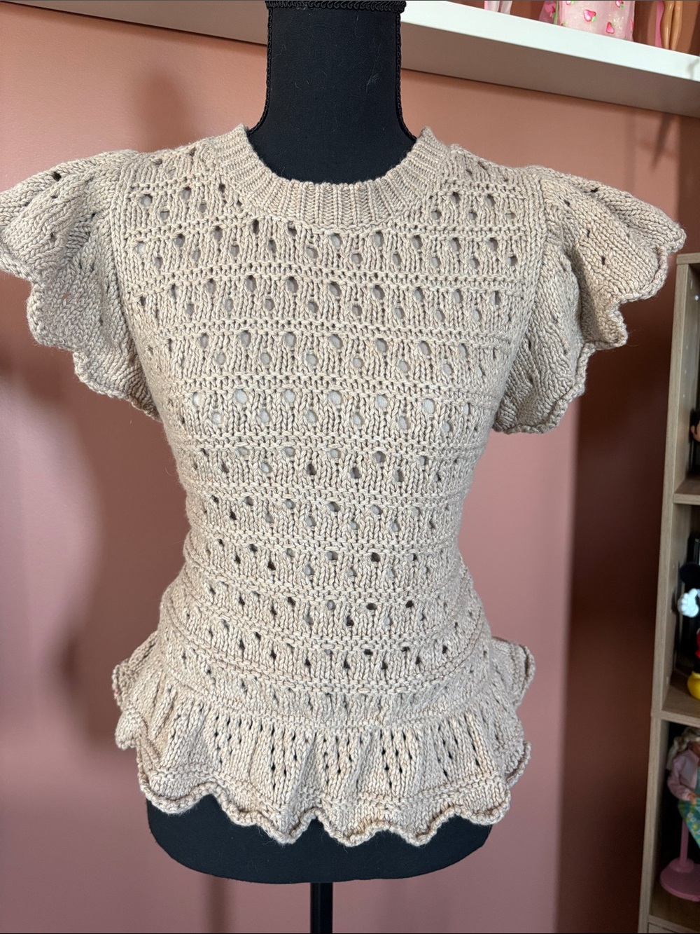 Women’s Taupe Crochet Lined Lace-Pattern Peplum Top